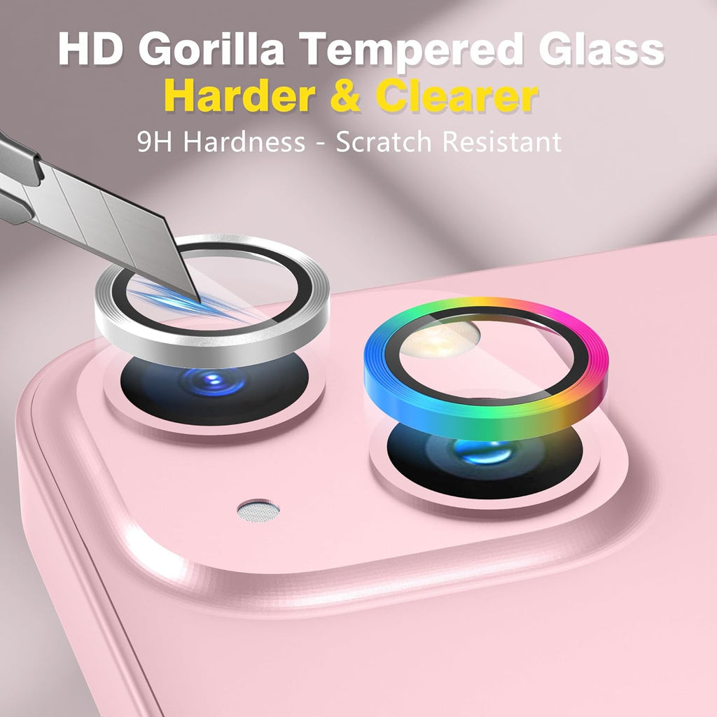 AGVEE 3+3 6 Pack for iPhone 15 6.1" / 15 Plus 6.7" Camera Lens Cover Protector, Metal Ring 9H Tempered HD Glass Camera Cover Protector Film, Silver