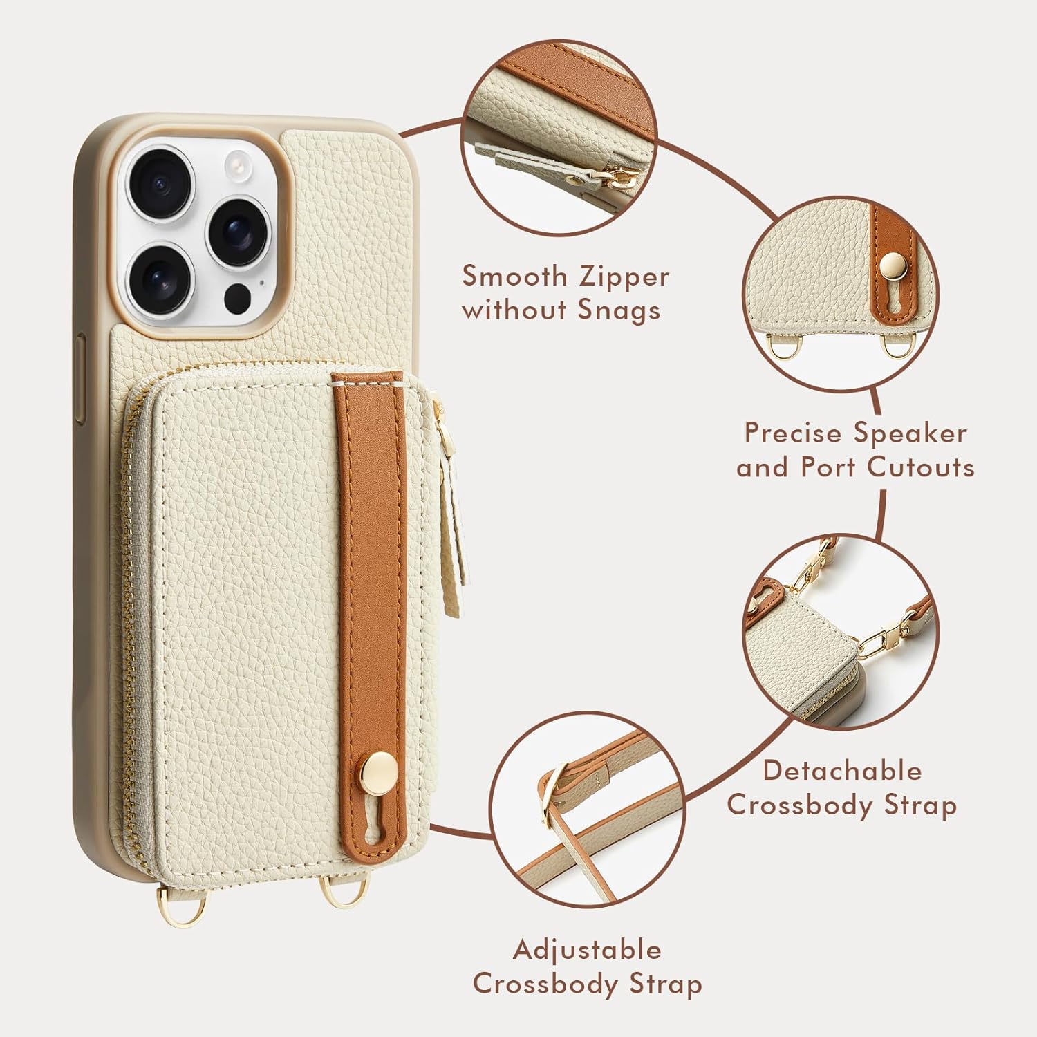 LAMEEKU for iPhone 15 Pro Max Wallet Case with Credit Card Holder, Zipper Leather Crossbody Case with Phone Grip Holder Stand for Women for iPhone 15 Pro Max 6.7 inch Beige
