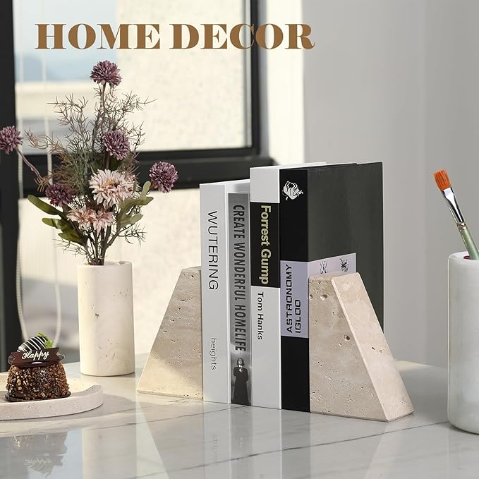 Karibiber Travertine Bookends for Heavy Books, Marble Decorative Bookends for - Image 4