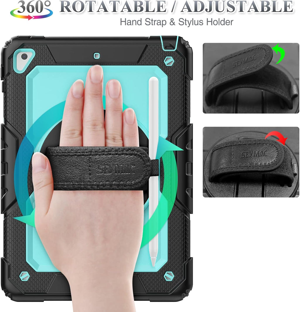SEYMAC stock Case for iPad 6th / 5th Generation Case/Air 2 / Pro 9.7 inch, Heavy Duty Protective with Screen Protector, with Pencil Holder, Hand Strap, Shoulder Strap, 360 Rotate Stand, SkyBlue+Black
