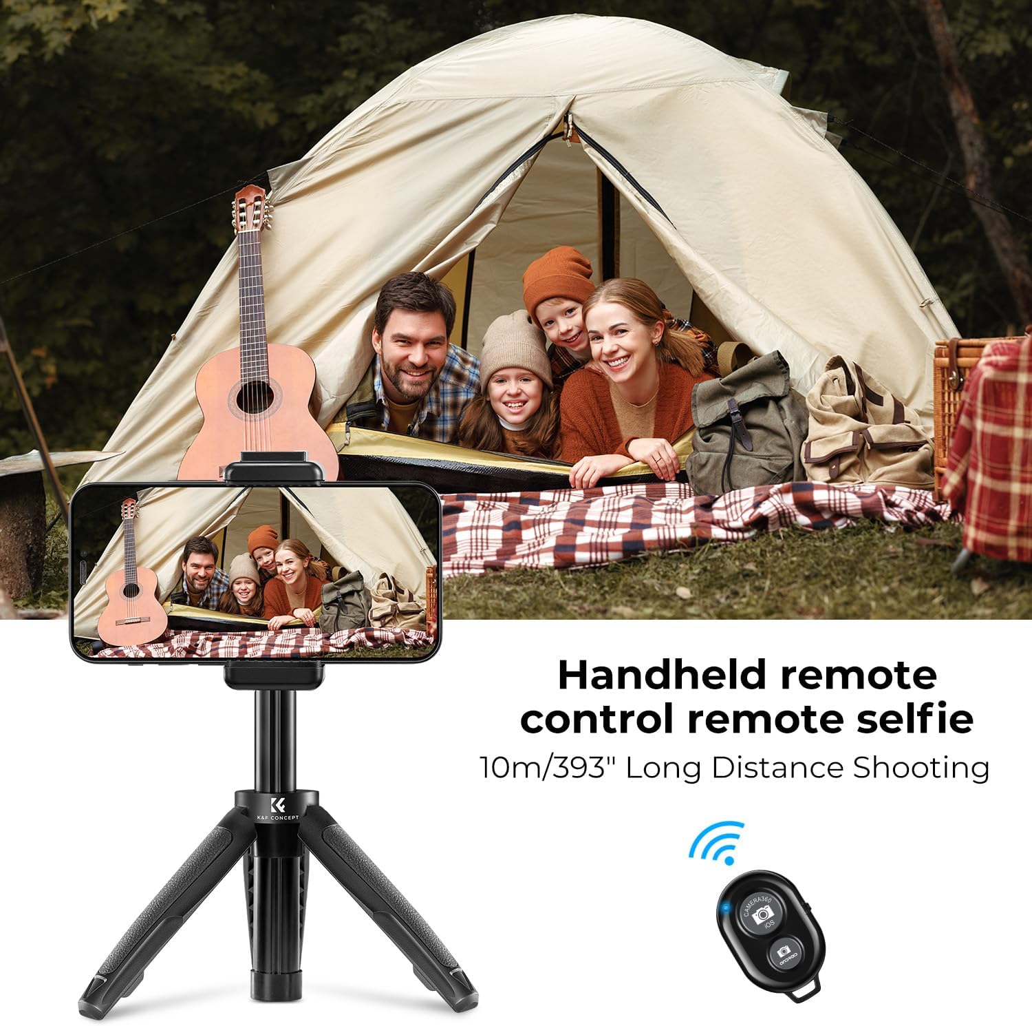 K&F Concept Selfie Stick Tripod, 360 Degree Rotation Mini Phone Stand with Ball Head and Cold Shoe Mount, Cellphone Holder with Wireless Remote for Smartphone Black