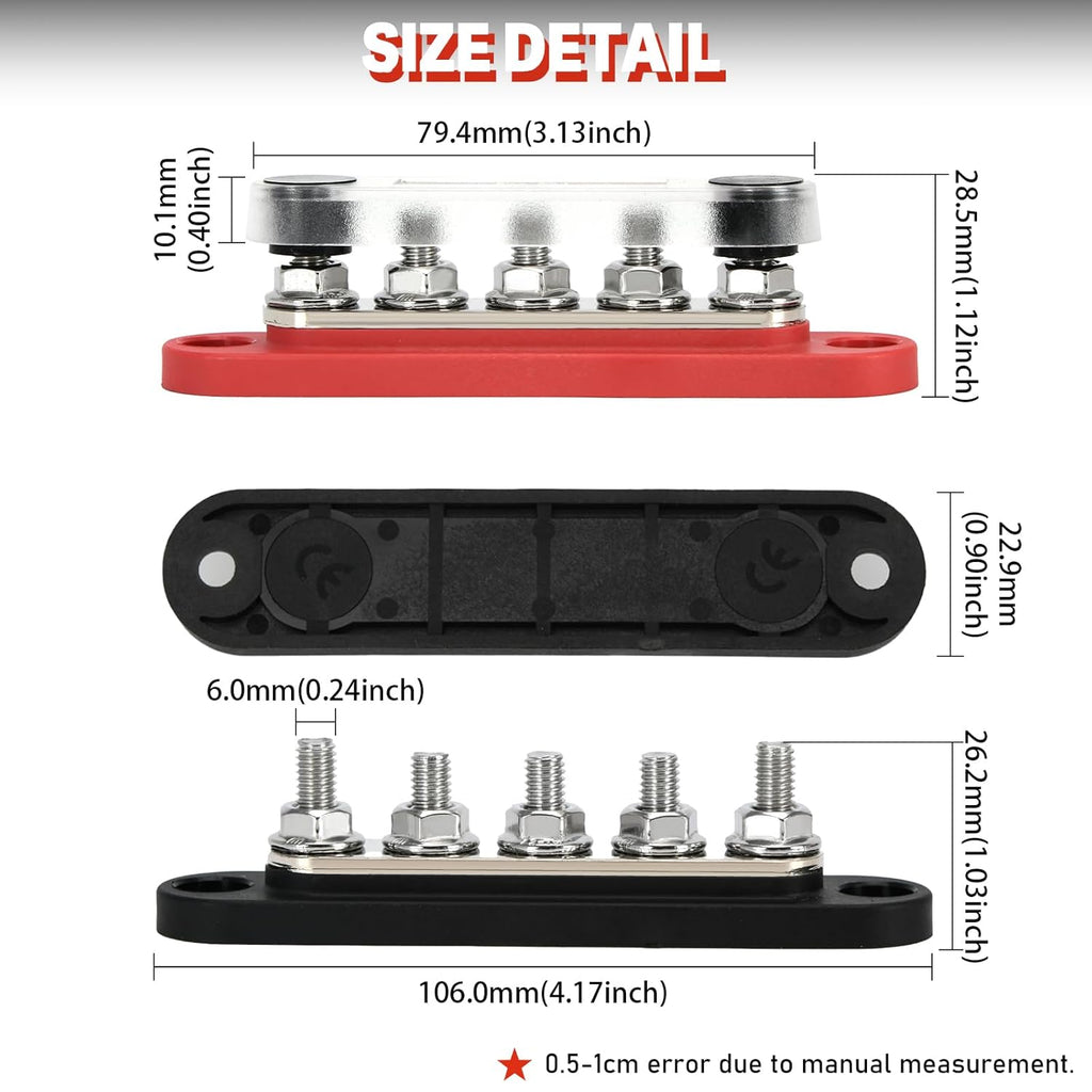 150A 12V Power Distribution Block with 5 x 1/4" (M6) Studs Max 150A 48V DC 300V AC for Automotive Car Marine Truck Boat