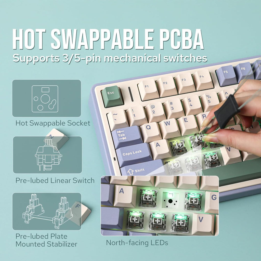 EPOMAKER x Aula F75 Gasket Mechanical Keyboard, 75% Wireless Hot Swappable Gaming Keyboard with Five-Layer Padding&Knob, Bluetooth/2.4GHz/USB-C, RGB (Green, Crescent Switch)