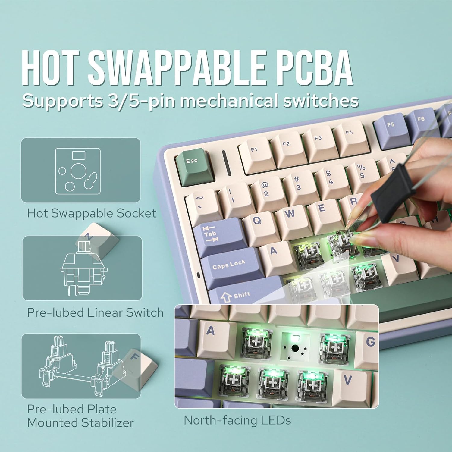 EPOMAKER x Aula F75 Gasket Mechanical Keyboard, 75% Wireless Hot Swappable Gaming Keyboard with Five-Layer Padding&Knob, Bluetooth/2.4GHz/USB-C, RGB (Green, Crescent Switch)