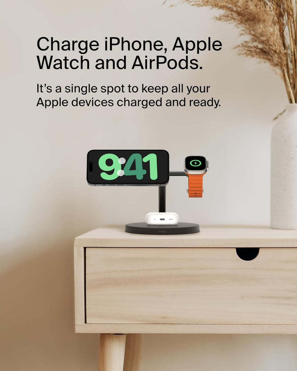 Belkin MagSafe-Compatible Charger, 3-in-1 Wireless Charging Station, Qi2-Certified 15W Wireless Charge for Apple iPhone 17 Series, Apple Watch, AirPods w/Non-Slip Base, 40W Included - Black