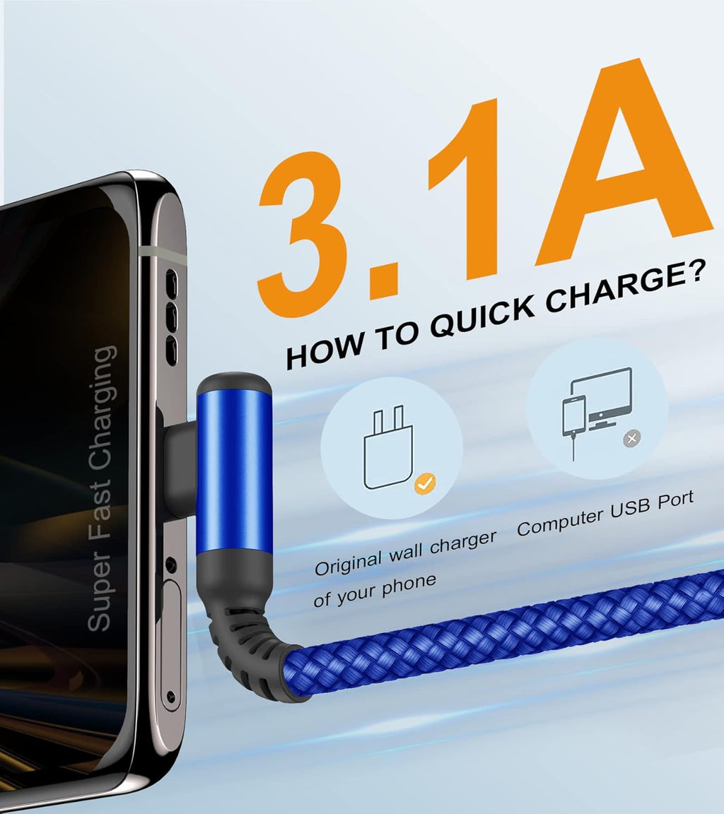 sweguard USB Type C Charger Cable Right Angle [2-Pack,10FT] iPhone 16 Charger Nylon Braided Cord for iPhone 15 16 Pro Max Samsung Galaxy S25 S24 S23 S22 S21 S20 S10 S9 Note A15 A55 Flip Pixel LG Moto