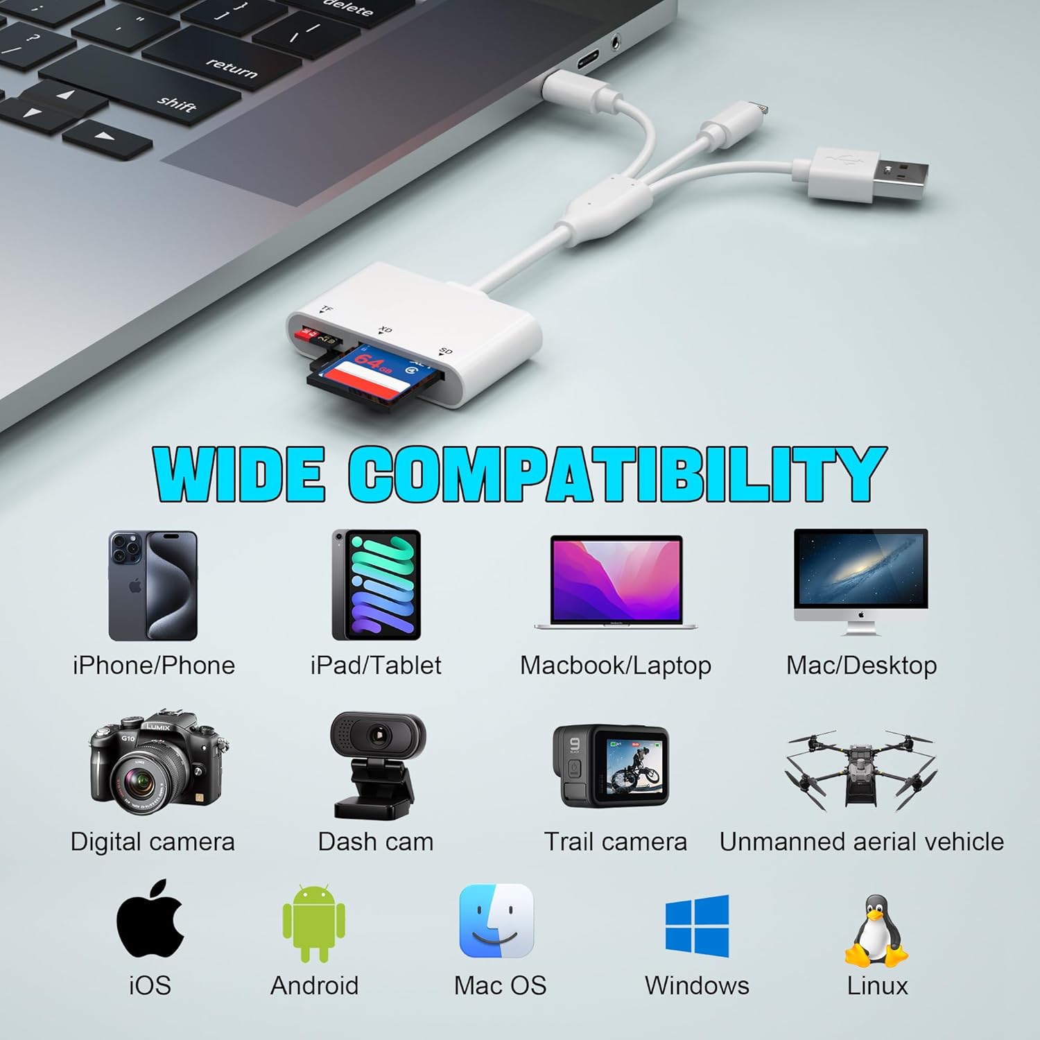 XD Card Reader, SD Card Reader for iPhone with USB-C&Lightning, 3 in 1 SD/MicroSD/xD-Picture Card Adapter, Lightning+USB A+USB C XD Card Adapter for iPhone 16/15/14/13/iPad/PC/Android