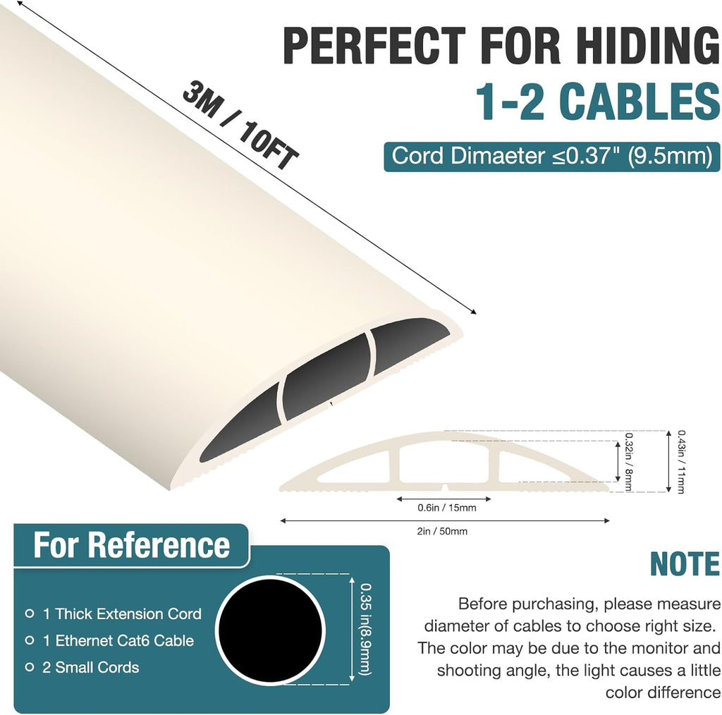 Floor Cord Cover, Cable Protector, 0.63W x 0.31H inches, Wire Cover for Extension Cords, Floor Cable Covers Prevent Cable Trips (Beige, 50-10 Feet)