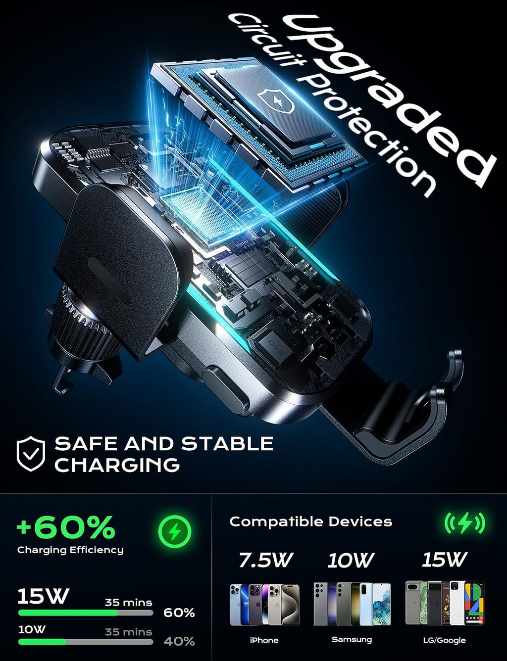 CHGeek Wireless Car Charger, 15W Fast Charging Car Phone Holder Charger Auto-Clamping Air Vent Car Phone Mount with Blue LED Backlit for iPhone 16 15 14 13 12, Samsung S24 S23 S22, etc