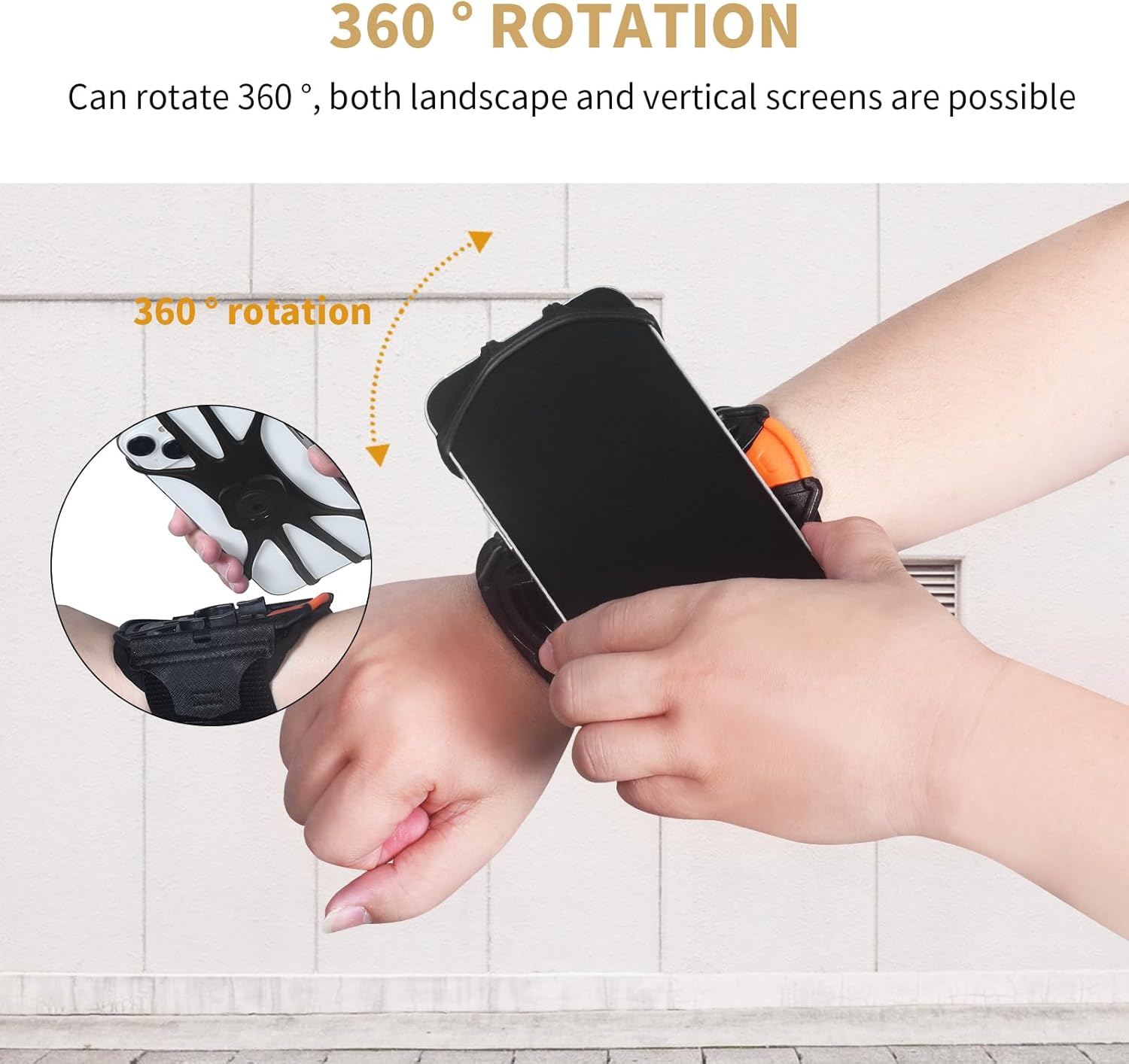 Wristband Phone Holder for Running, 360°Rotation & Detachable Sports Armband with Key Holder for iPhone 15/14/13/12/Pro/Pro Max/XS/XR/X/8/7/6/Plus, Samsung Galaxy, Fits 4''-6.95''Phone (s)