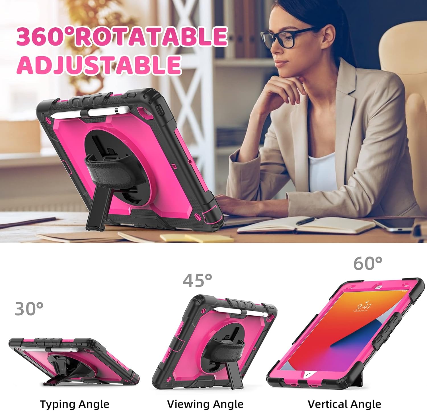 BLOSOMEET Case for iPad 9th Generation 2021 10.2 Inch with Tempered Glass Screen Protector & Pencil Holder,Protective Kids iPad 7th/8th Gen Cover 2020 2019 w/Stand Hand Shoulder Strap,Rosered