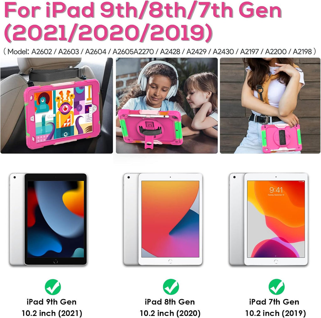 BLOSOMEET Case for iPad 9th/8th/7th Generation 2021/2020/2019 10.2 Inch for Kids Girls with Tempered Glass Screen Protector & Pen Holder| iPad 10.2 Case Cover w/Stand Hand Shoulder Strap |Rose