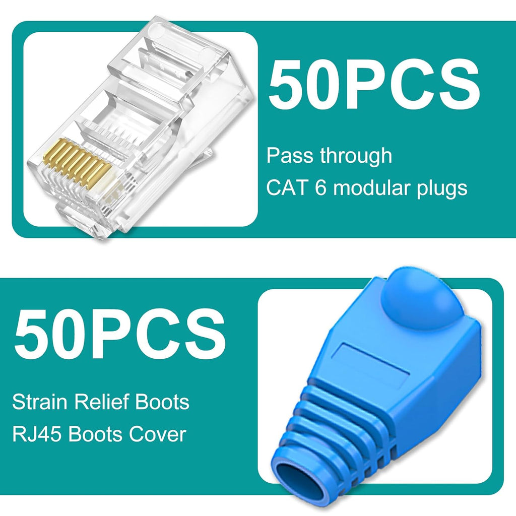 UTP RJ45 Connectors, Cat6 RJ45 Pass Through Plugs 50-Pack, Cat6 RJ45 Plugs with 50-Pack Strain Relief Boots for Solid or Standard Ethernet Cables, Transparent