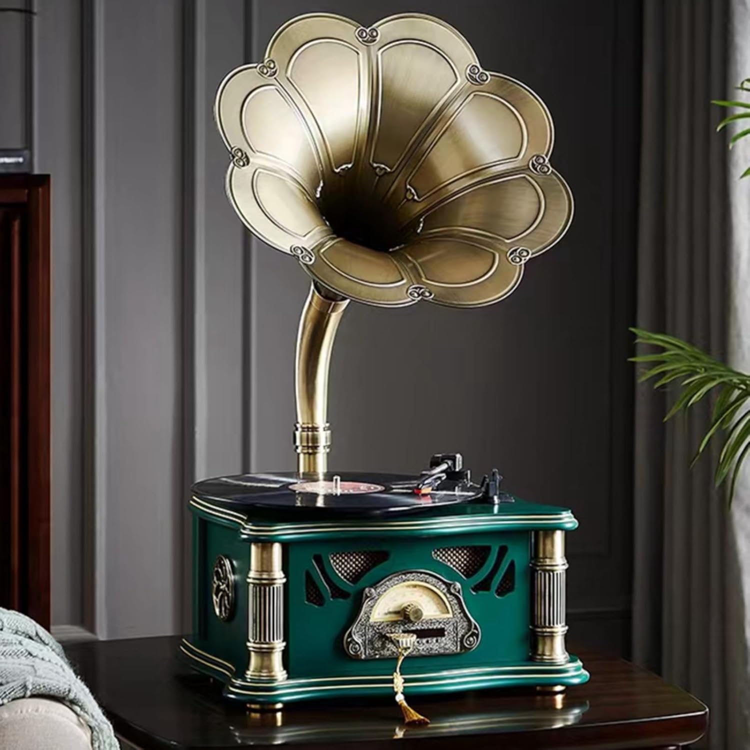 Vintage Gramophone with Bluetooth Output Vintage Record Players Retro Gramophone Turntables for 7" 9" 12" Vinyl Records 3 Speed, Hi-Fi, Handcrafted by Pure Oak (Dark Green)