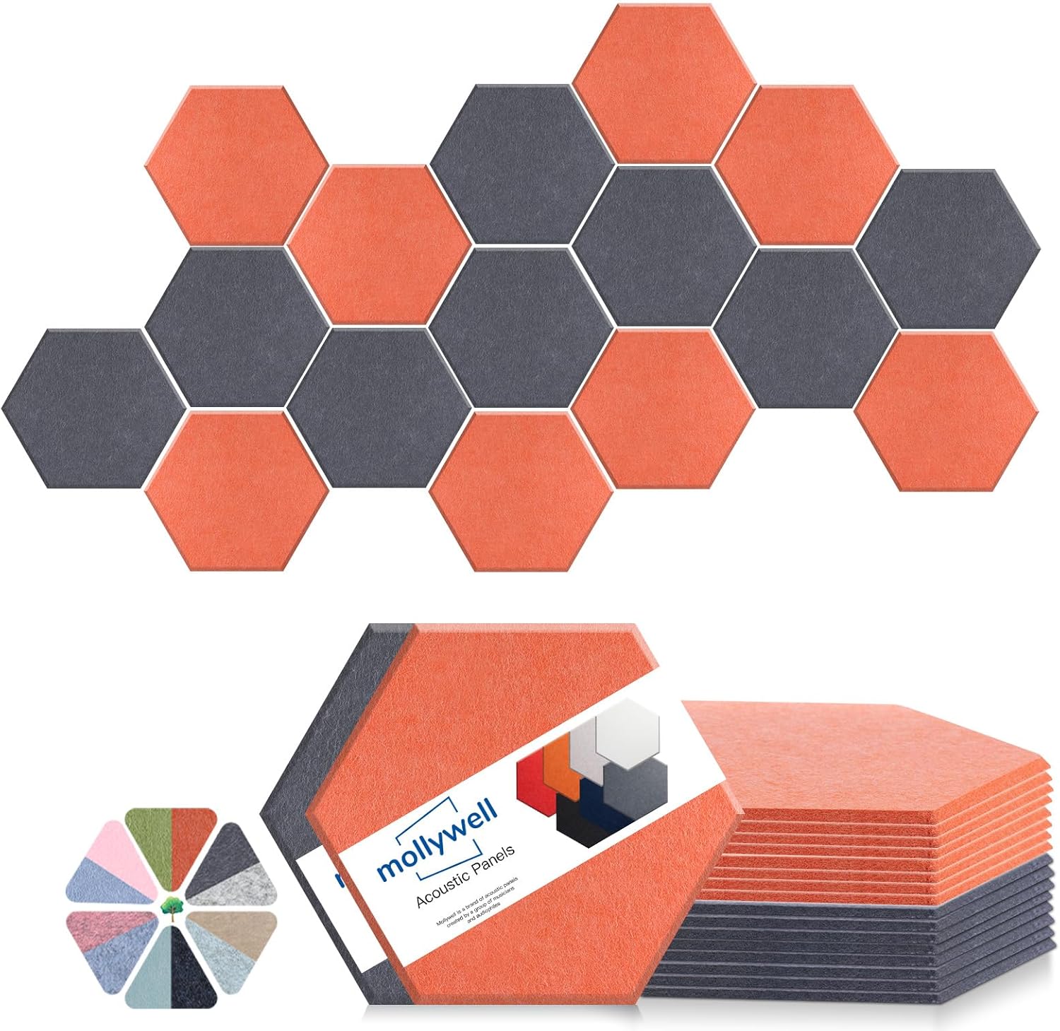 Mollywell Hexagon Acoustic Panels, High Density, Soundproofing, Decorative Noise Reduction Felt Wall Tiles for Ceilings, Home Office & Gaming Room (Moon Gray and Orange), 14x12x0.4 Inch