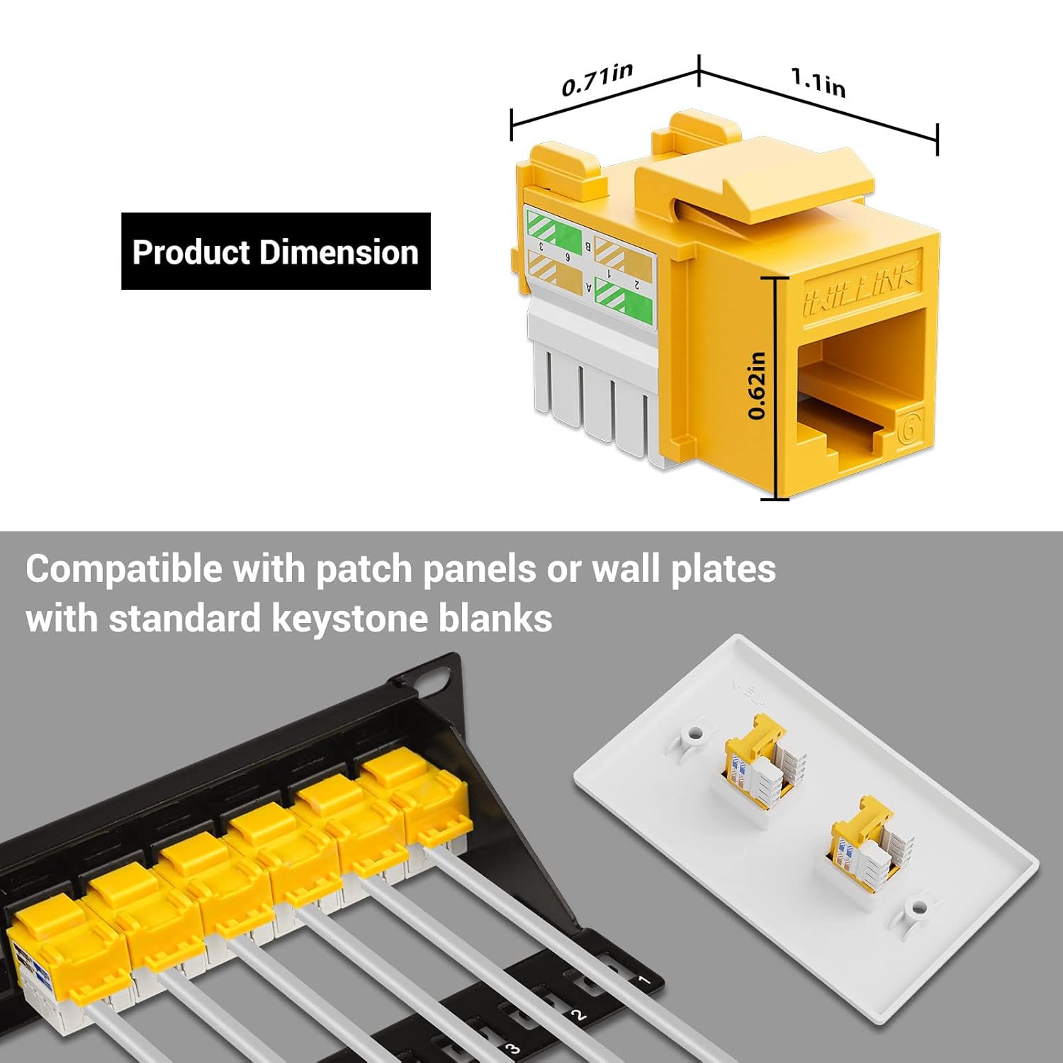 Iwillink 10Gbps Cat6 Keystone Jack, RJ45 25-Pack and Punch-Down Stand, UTP Modular Ethernet Insert 90-Degree, Punch Down Adapter, Yellow