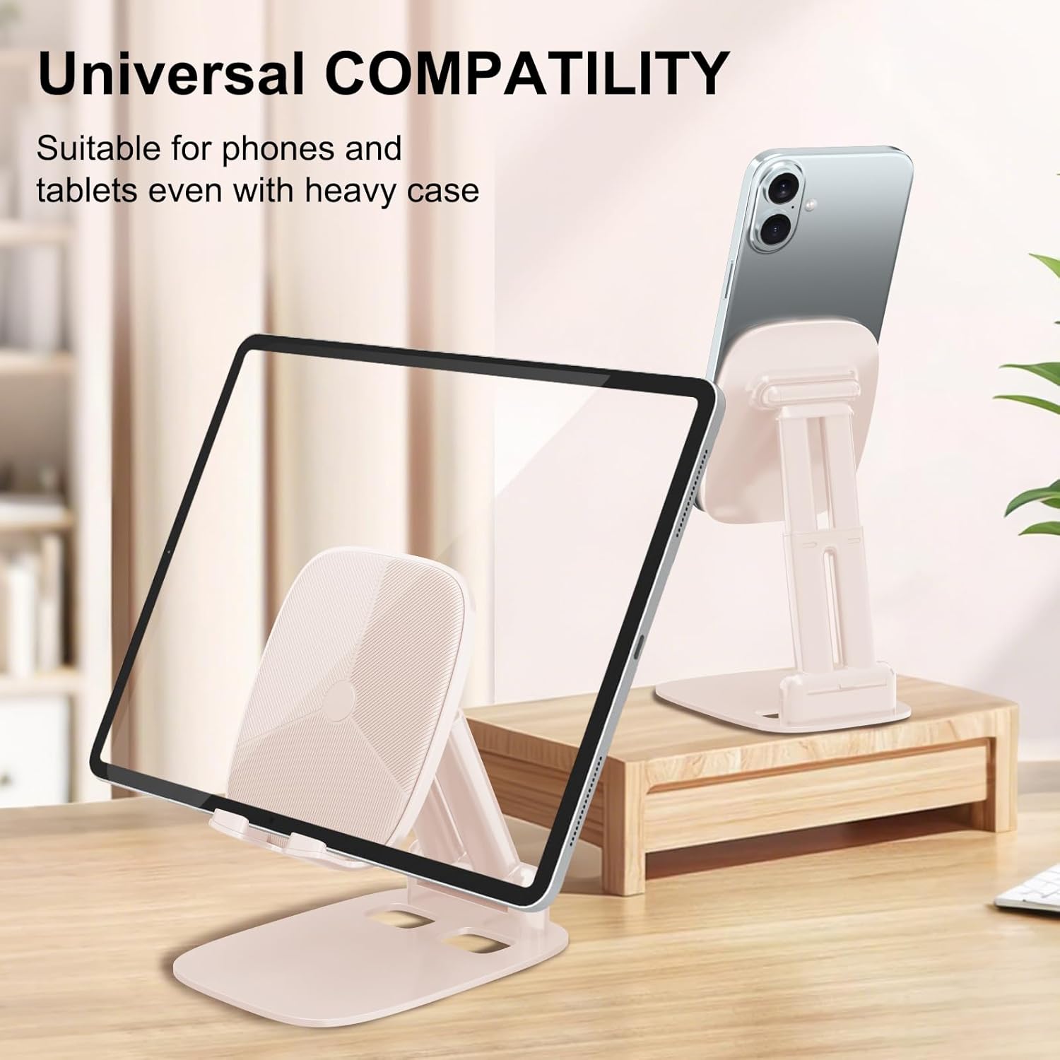 DEERLAMN Cell Phone Stand for Desk, Height Adjustable Cell Phone Holder Portable Desktop Stand, Travel Home Office Desk Accessories Compatible with iPhone 16/15/14/13/12/11 All Smartphone - Pink
