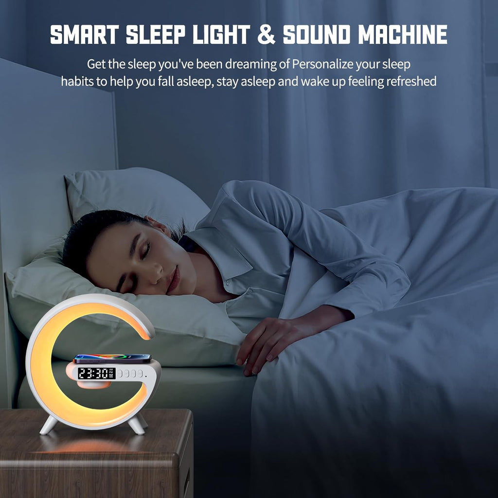 Mini LED Table Lamp with 4-in-1 Wireless Charger, Night Light, Sunrise Alarm Clock, Bluetooth Speaker, Smart Atmosphere Table Lamp for Bedroom, Office, Home Decor (White)
