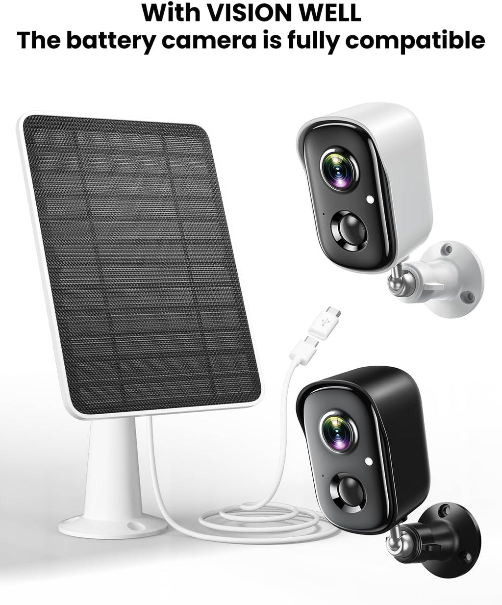 Solar Panel Charger Compatible with Vision Well Battery Powered Wireless Outdoor Security Cameras, 5W Solar Panels Charging with IP65 Waterproof 10ft USB-C Cable & Secure Wall Mount, 2 Pack