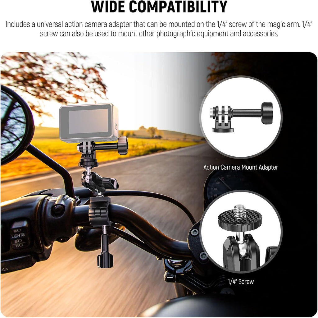 NEEWER Action Camera Pole Mount with Two 360° Ball Heads 1/4" Screw Action Camera Adapter, Holder Clamp for Motorcycle Bike Handlebar, Compatible with GoPro Hero13 12 11 10 9 Max360 Insta360 DJI Osmo
