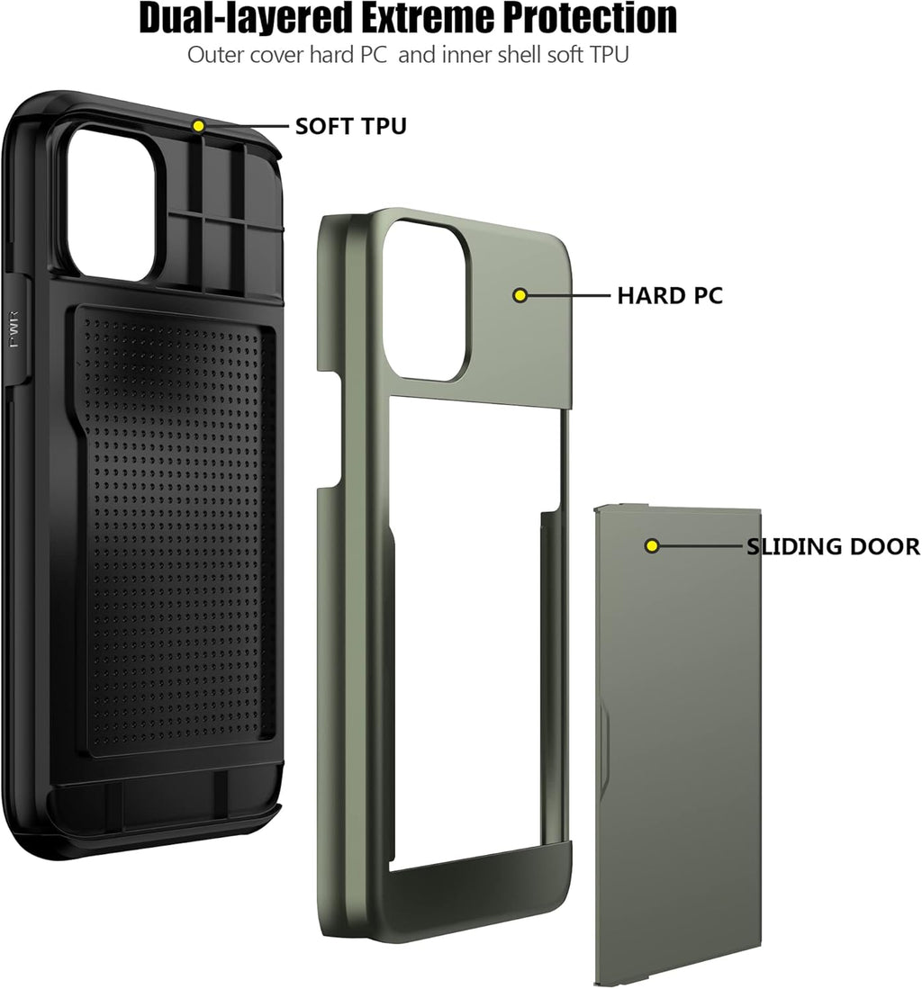 Nvollnoe for iPhone 11 Case with Card Holder Heavy Duty Protective Dual Layer Shockproof Hidden Card Slot Slim Wallet Case for iPhone 11 for Men&Women(Green)