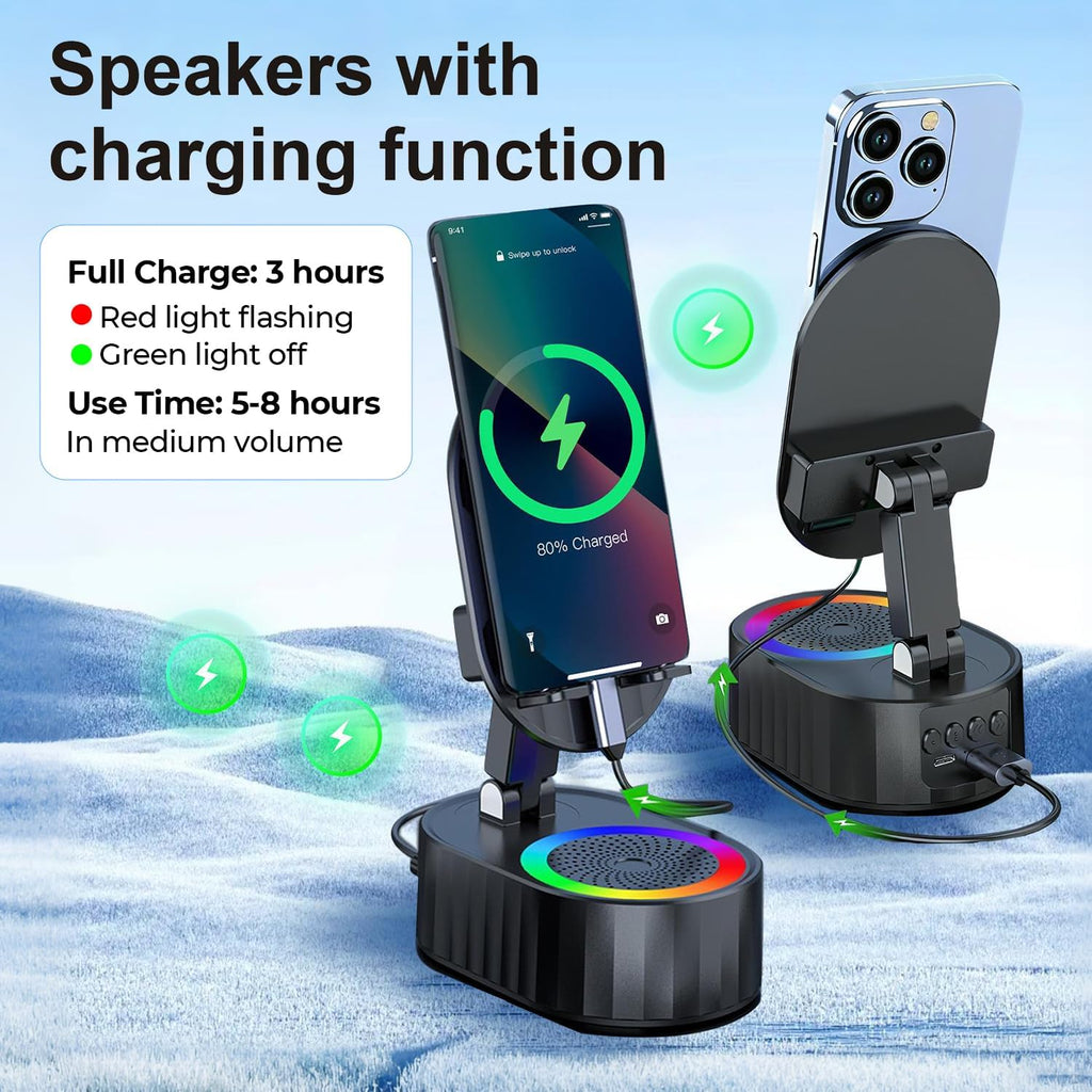 Wireless Induction Audio Bluetooth Speaker 5in1 Phone Holder Emergency Rechargeable (3000mAh) with Colorful Ambient Light 300° Foldable for Tablet iPhone Android, Gifts for Men Women (Black)