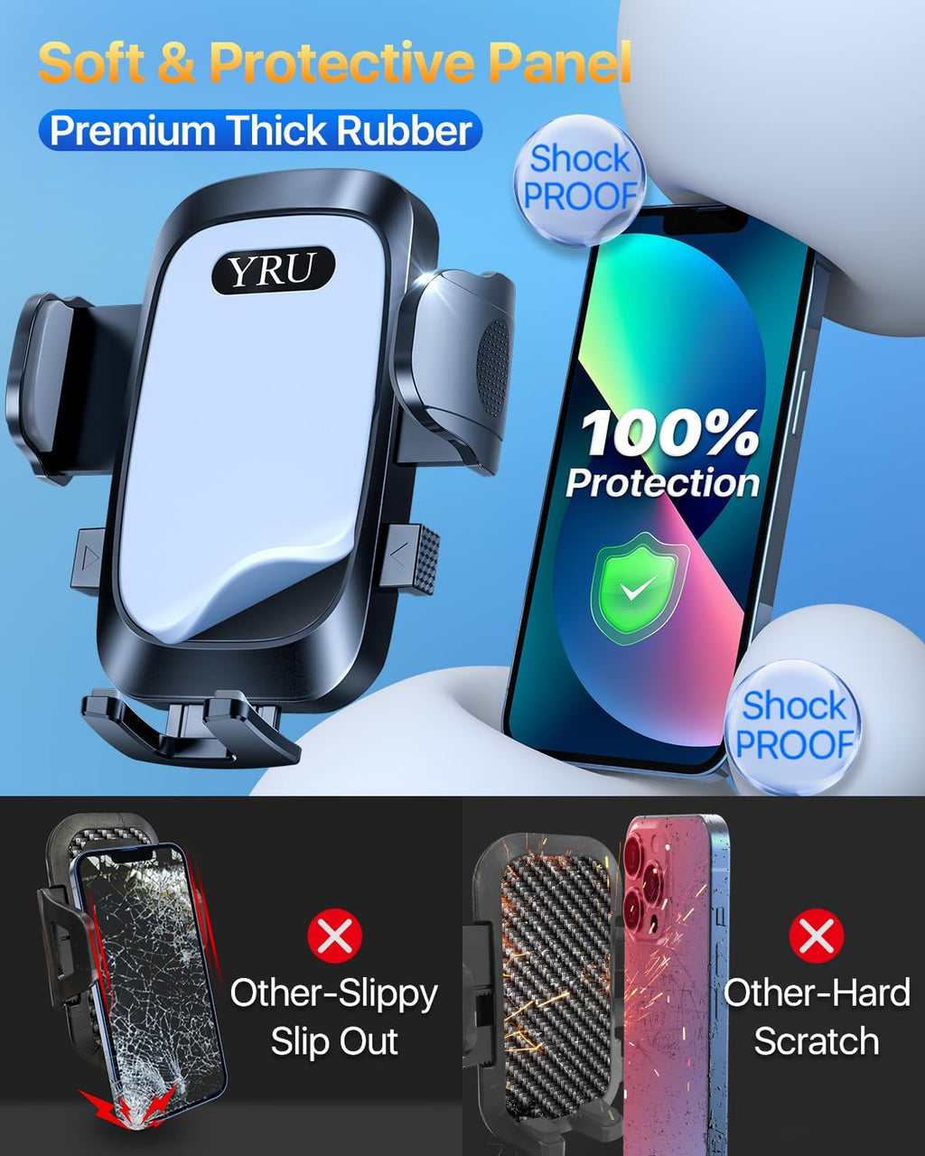 YRU [2025 Upgrade Extreme Strong Suction] Car Phone Holder Mount,[Bumpy Road Stable] Dashboard Cell Phone Holder for Car Vent Windshield Phone Stand for iPhone 16 15 14 13 Pro Max Samsung Truck, Grey