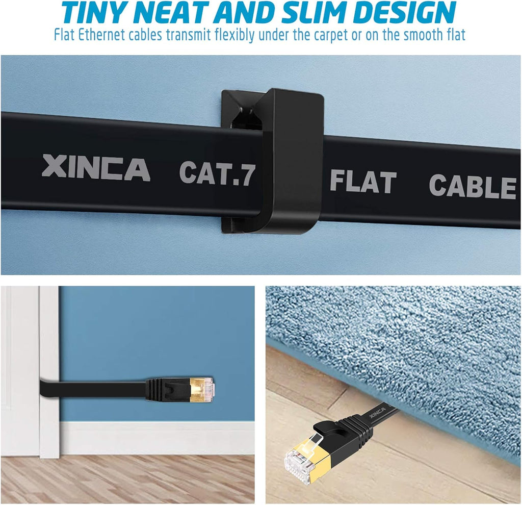 Cat 7 Flat Ethernet Cable 25ft Black, High Speed 10GB Shielded (STP) LAN Internet Network Cable Ethernet Patch Computer Cable with Rj45 Connectors and 10pcs Adhesive Cable Clips