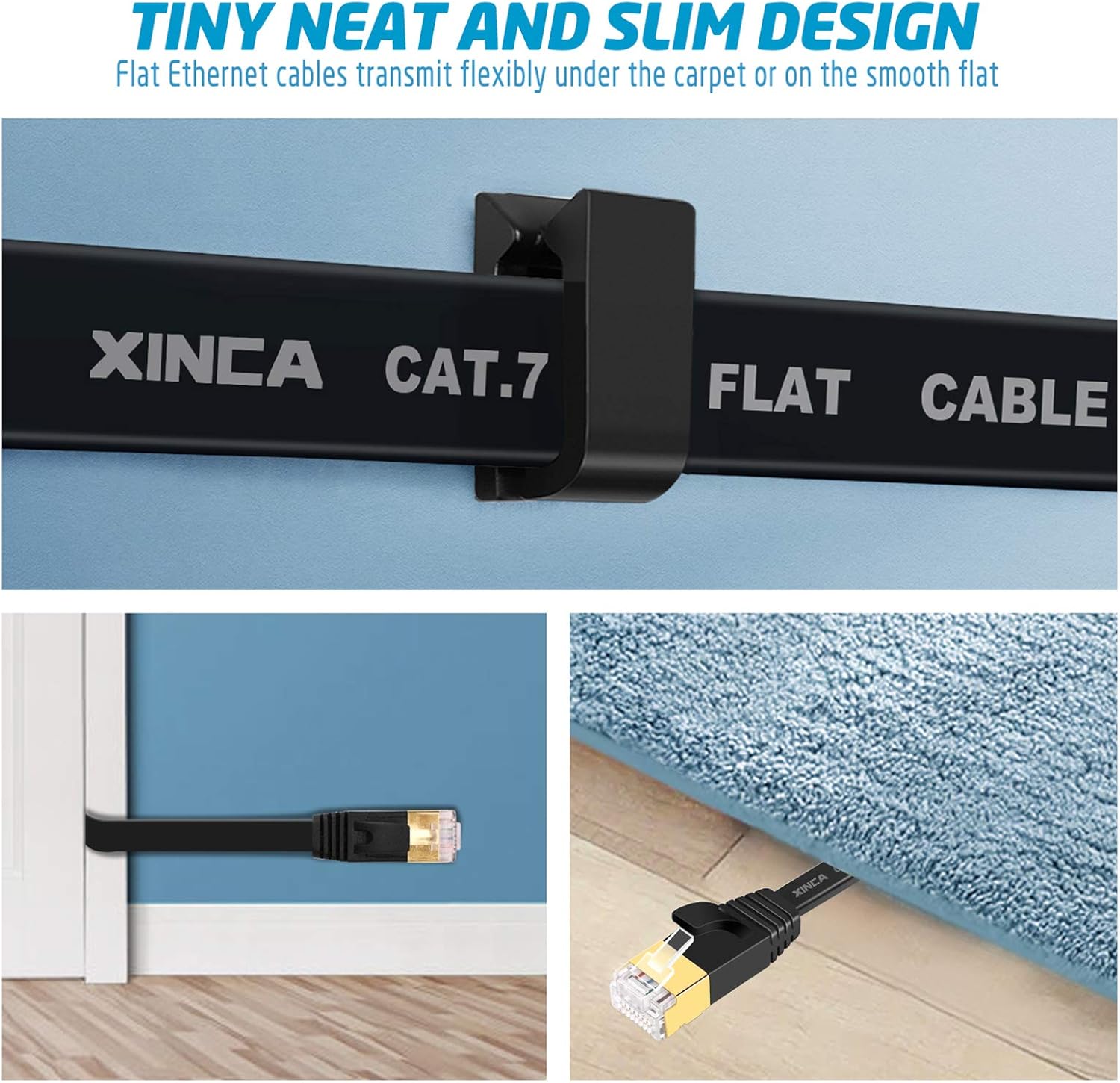 Cat 7 Flat Ethernet Cable 25ft Black, High Speed 10GB Shielded (STP) LAN Internet Network Cable Ethernet Patch Computer Cable with Rj45 Connectors and 10pcs Adhesive Cable Clips