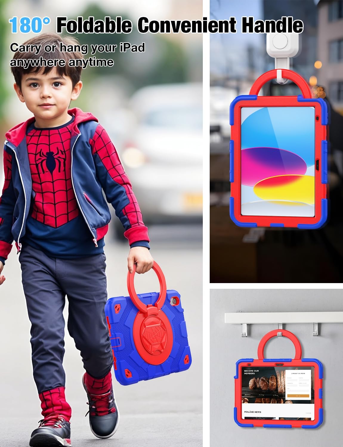 SCSVPN for iPad (A16) 11th/10th Generation Case 11 inch 2025/10.9 inch 2022, Rugged Shockproof Protective Silicone Case for Kids with Pencil Holder, Rotate Stand & Handle, Shoulder Strap - Blue/Red