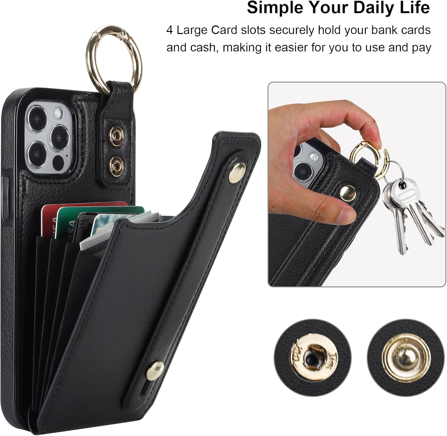 Folosu for iPhone 12/12 Pro Wallet Case with Card Holder, Hand Wrist Strap Loop Holder Kickstand, RFID Blocking Finger Grip Ring PU Leather Double Buttons Shockproof Cover 6.1" Black
