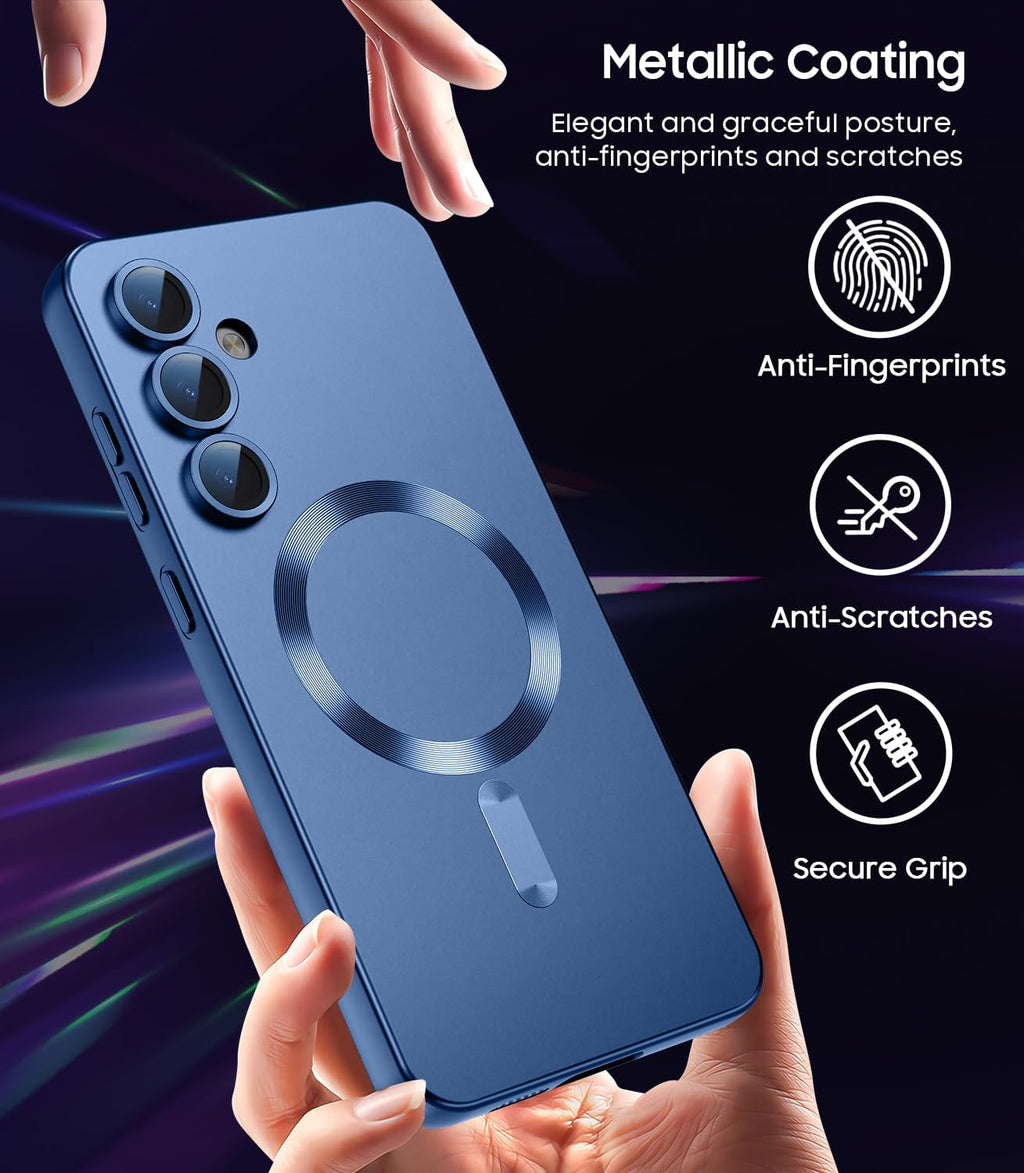 Magnetic for Samsung Galaxy S24 Plus Case [Compatible with MagSafe][Built-in Camera Lens Protector] Slim Soft Silicone Bumper Shockproof Metallic Luster Phone Case (Blue)