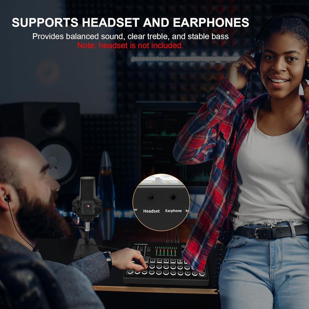 RHM Podcast Equipment Bundle, All-in-One Audio Interface DJ Mixer with Microphone, Stand, Monitor Earphone, Audio Mixer With Sound card for PC/Laptop/Phone, Streaming/Podcasting/Gaming (M9 Set)