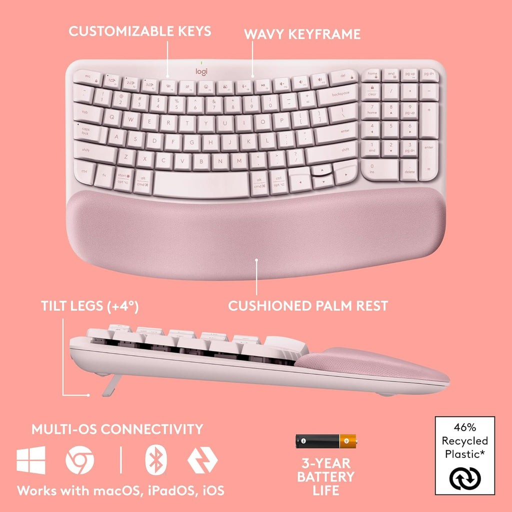 Logitech Wave Keys Wireless Ergonomic Keyboard with Cushioned Palm Rest, Comfortable Natural Typing, Easy-Switch, Bluetooth, Logi Bolt Receiver, for Multi-OS, Windows/Mac - Rose