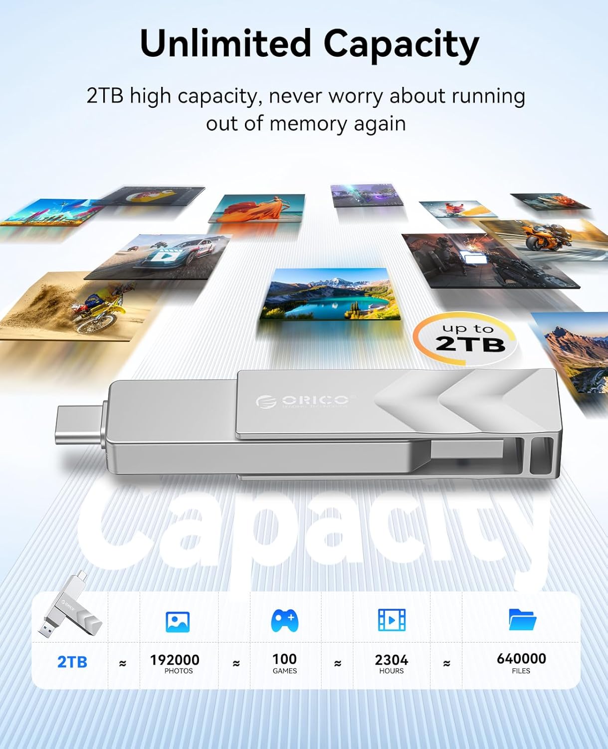 ORICO 2TB Portable Solid State Drive, 1050MB/s Dual-Port Rotating Metal External SSD with 90° Click-Stop, Reliable Storage for iPhone 16, 15 Series, Type-C Smartphone, Mac, Audio, Vehicle - A101