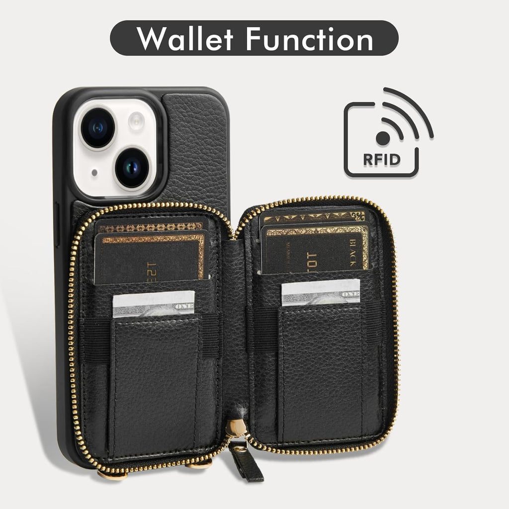 ZVE Crossbody Wallet Case Compatible with iPhone 15 Plus, Card Holder Phone Purse for Women, RFID Blocking Zipper Leather Cover with Wrist Strap for iPhone 15 Plus (6.7 inch)- Black