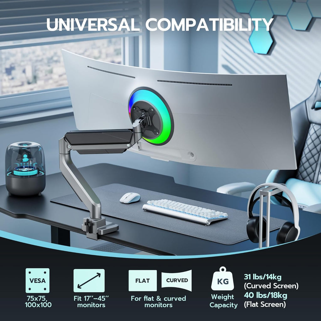 ARES WING Ultrawide Single Monitor Arm, Heavy Duty Monitor Mount for 13"-45" Curved Screens, Adjustable Stand for Desk with C-clamp & Grommet Base up to 40 LBS, Gray