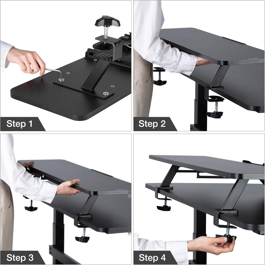 AVLT Clamp Desk Shelf Dual 32" Monitor Riser With Slide-out Holder for Convertible Laptop, Tablet, Smartphone (Black) - Floating Stand (Clamp-On Shelf Only)