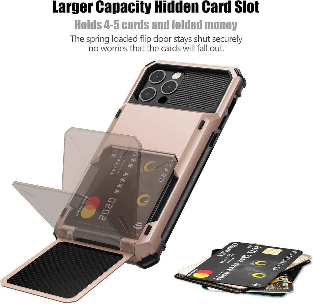 Nvollnoe for iPhone 12/12 Pro Case with Card Holder[Store 5 Cards] Dual Layer Heavy Duty Shockproof iPhone 12 Wallet Case with Hidden Card Slot Large Storage Cover for iPhone 12(Rose Gold)