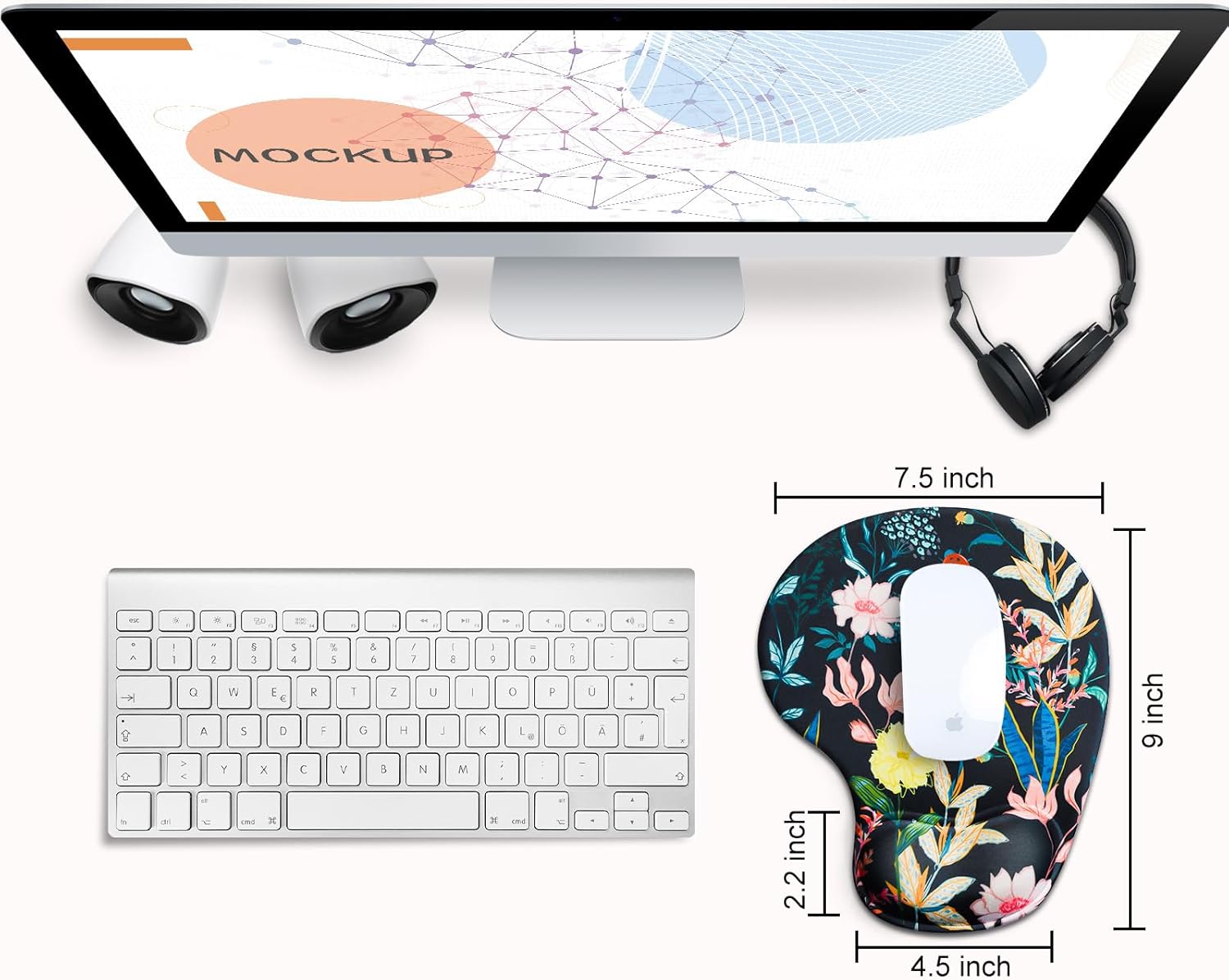 JIKIOU Mouse Pad, 2 Pack Ergonomic Mouse Pads with Comfortable Gel Wrist Rest Support and Smooth Cloth, Non-Slip PU Base for Easy Typing Pain Relief Durable and Easy to Clean Small Black Flowers