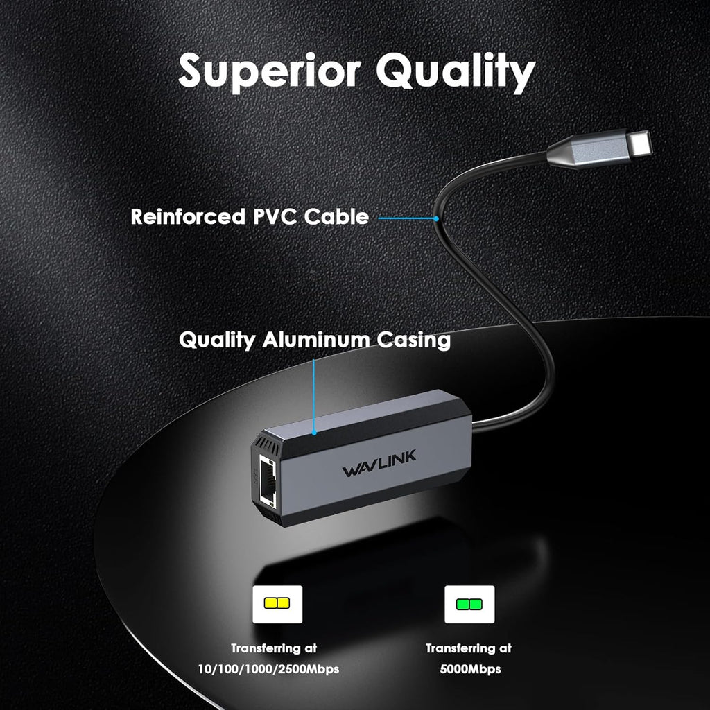 WAVLINK 5Gbps USB C to Ethernet Adapter, USB Type-C to RJ45 Gigabit LAN Ethernet Network Adapter for Windows, Mac OS, iPad OS and More