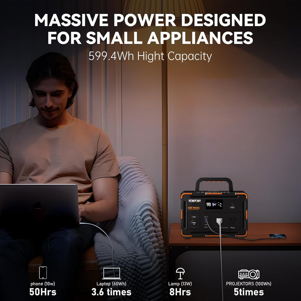 600W Solar Generator 599.4Wh Portable Power Station, 162000mAh Battery w/ PD100W & Pure Sine Wave AC, Solar Charging for Camping, RV, Home Backup (SOS Light & LCD Display)