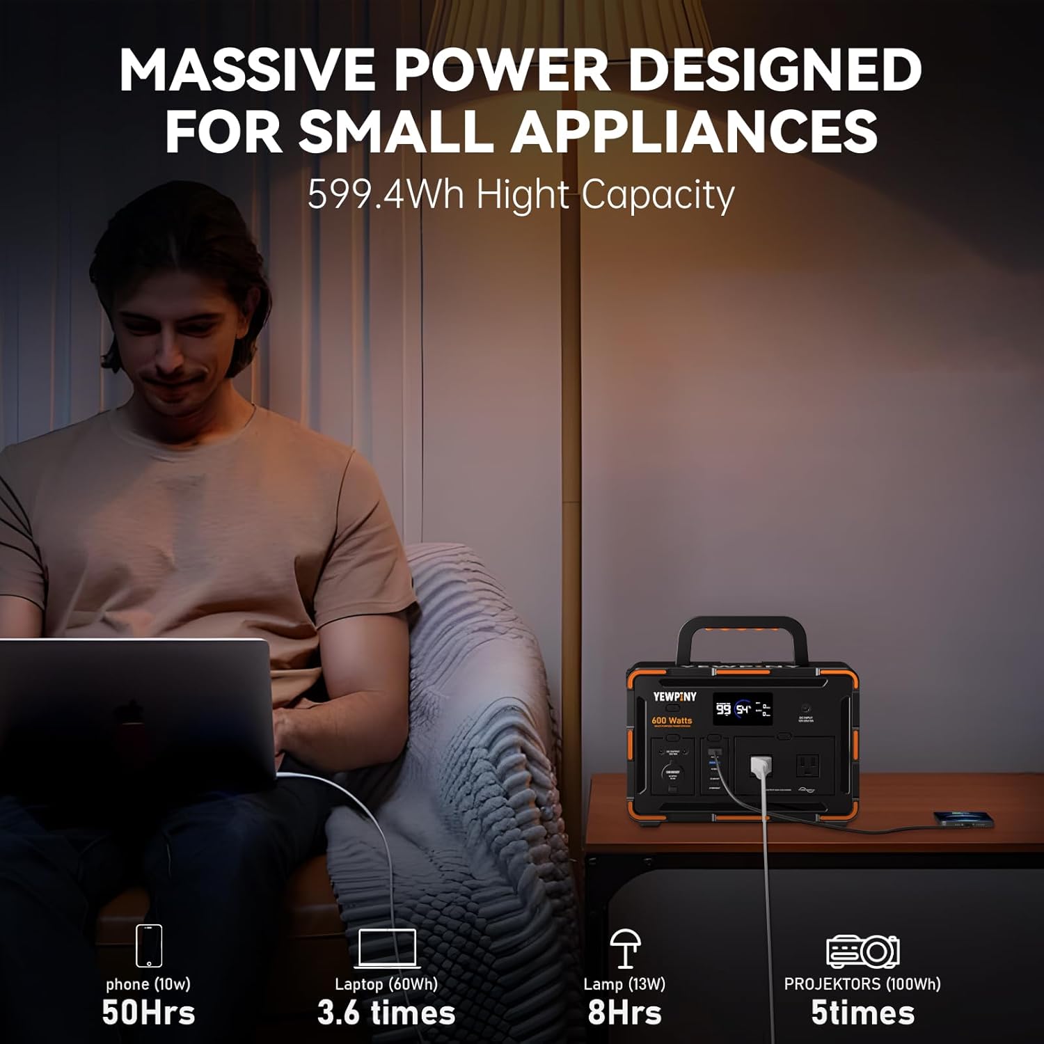 600W Solar Generator 599.4Wh Portable Power Station, 162000mAh Battery w/ PD100W & Pure Sine Wave AC, Solar Charging for Camping, RV, Home Backup (SOS Light & LCD Display)