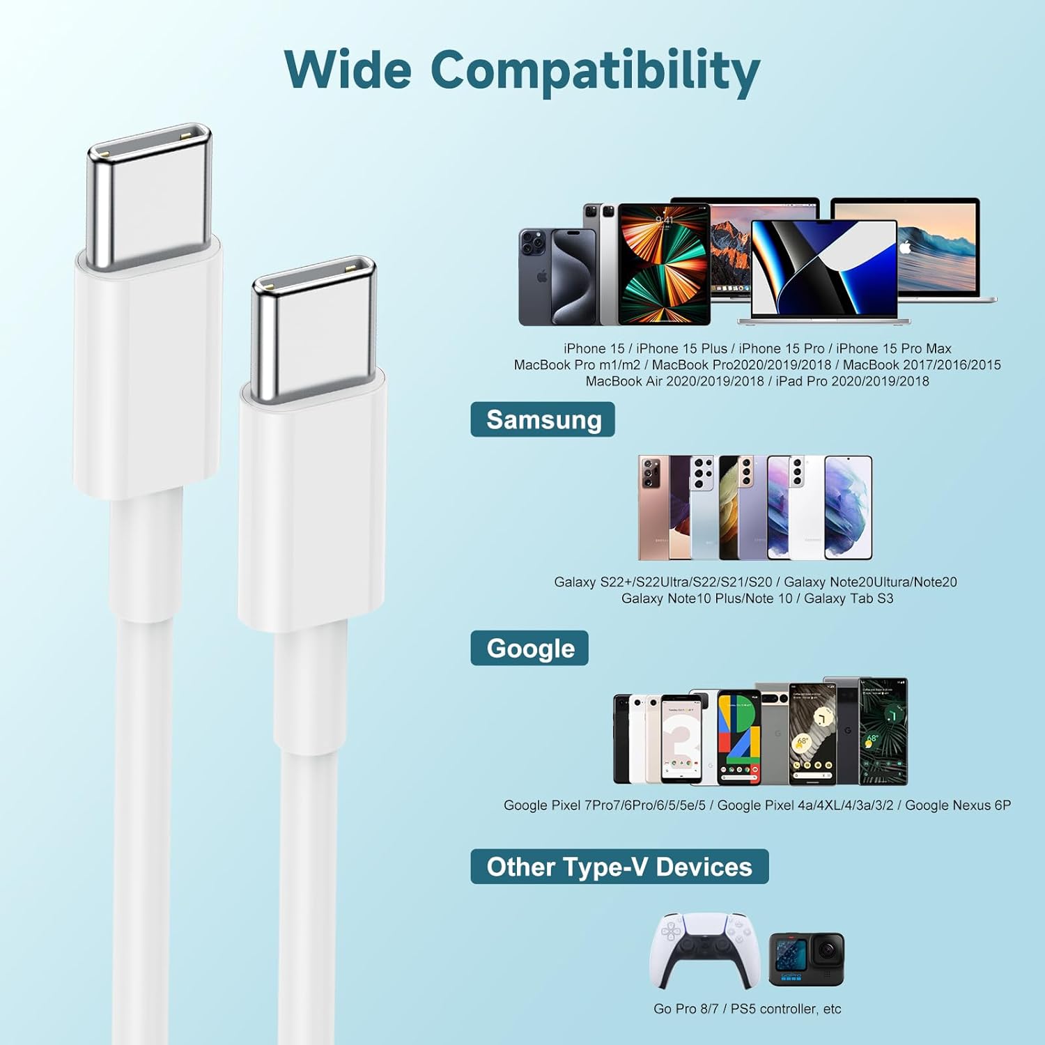 60W USB C to USB C Cable [3Pack] iPhone 16 15 Fast Charging Cable,6ft Long USB-C to USBC Power Cord for iPhone 16/15 Pro Plus Pro Max, MacBook Pro Air/IPad/iPad Pro 12.9/11,AirPods 4(White)