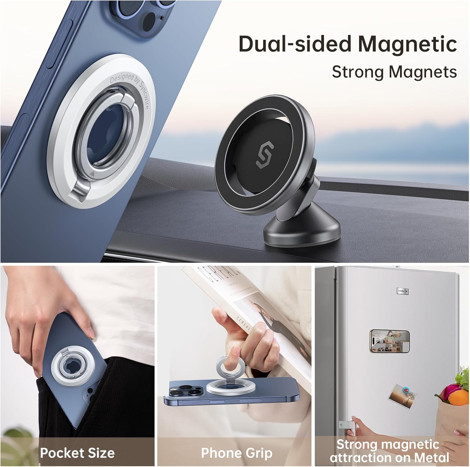 SYNCWIRE for MagSafe Ring Holder, Magnetic Phone Ring Holder Magnet Cell Phone Grip Finger Ring Kickstand Compatible with iPhone 16 15 14 13 12 Pro Max fits MagSafe Accessories
