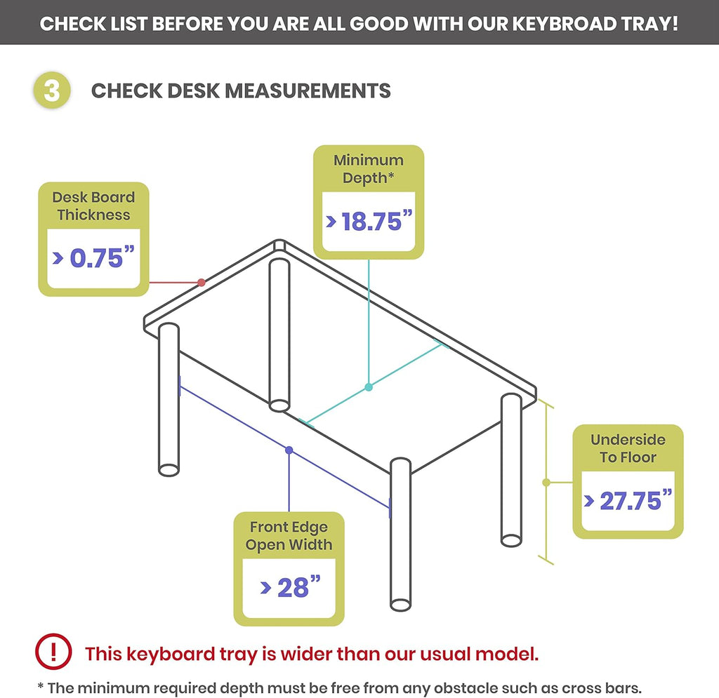 Under Desk Keyboard Tray, 27" x 11" Tray, 17.75" Track, One Knob Control, Undermount Sliding Computer Keyboard with Wrist Rest, Adjustable Height and ±15° Tilt
