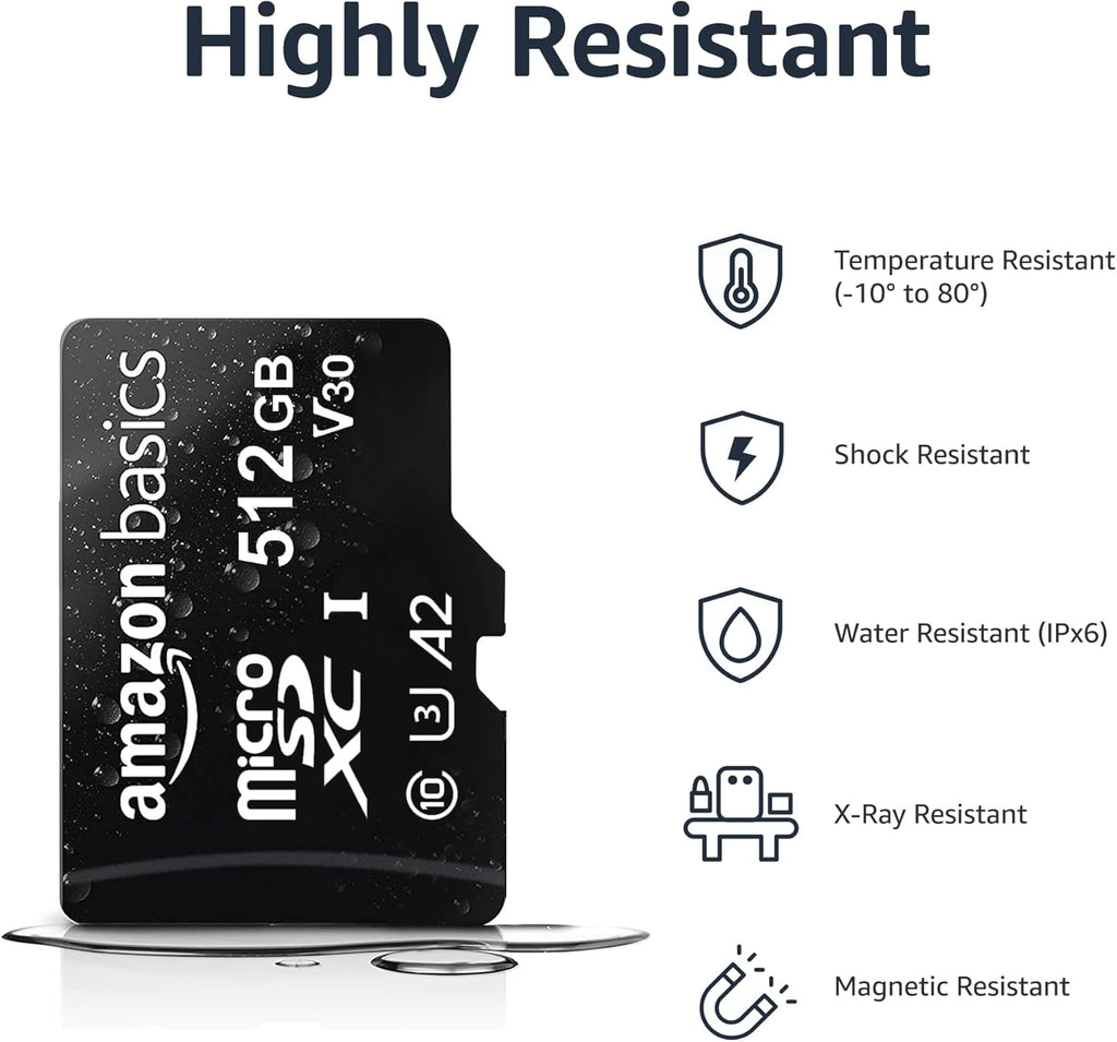 Amazon Basics Micro SDXC Memory Card with Full Size Adapter, A2, U3, Read Speed up to 100 MB/s, 512 GB, Black