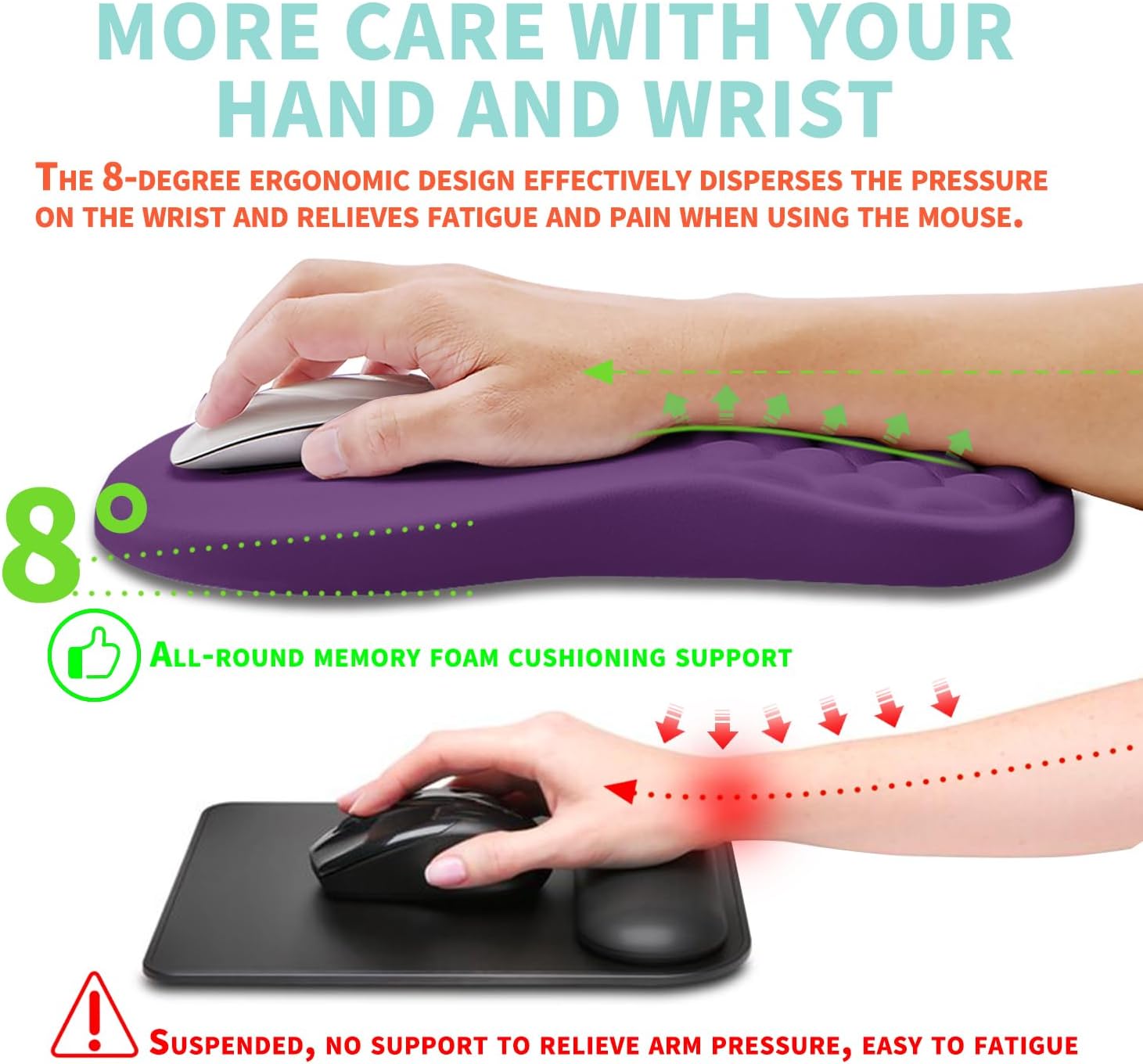 Ergonomic Mouse Pad Wrist Support with Memory Foam Massage Bulge, Carpal Tunnel Pain Relief Mousepad Wrist Rest for Mouse(12x8 inch, Deep Purple)