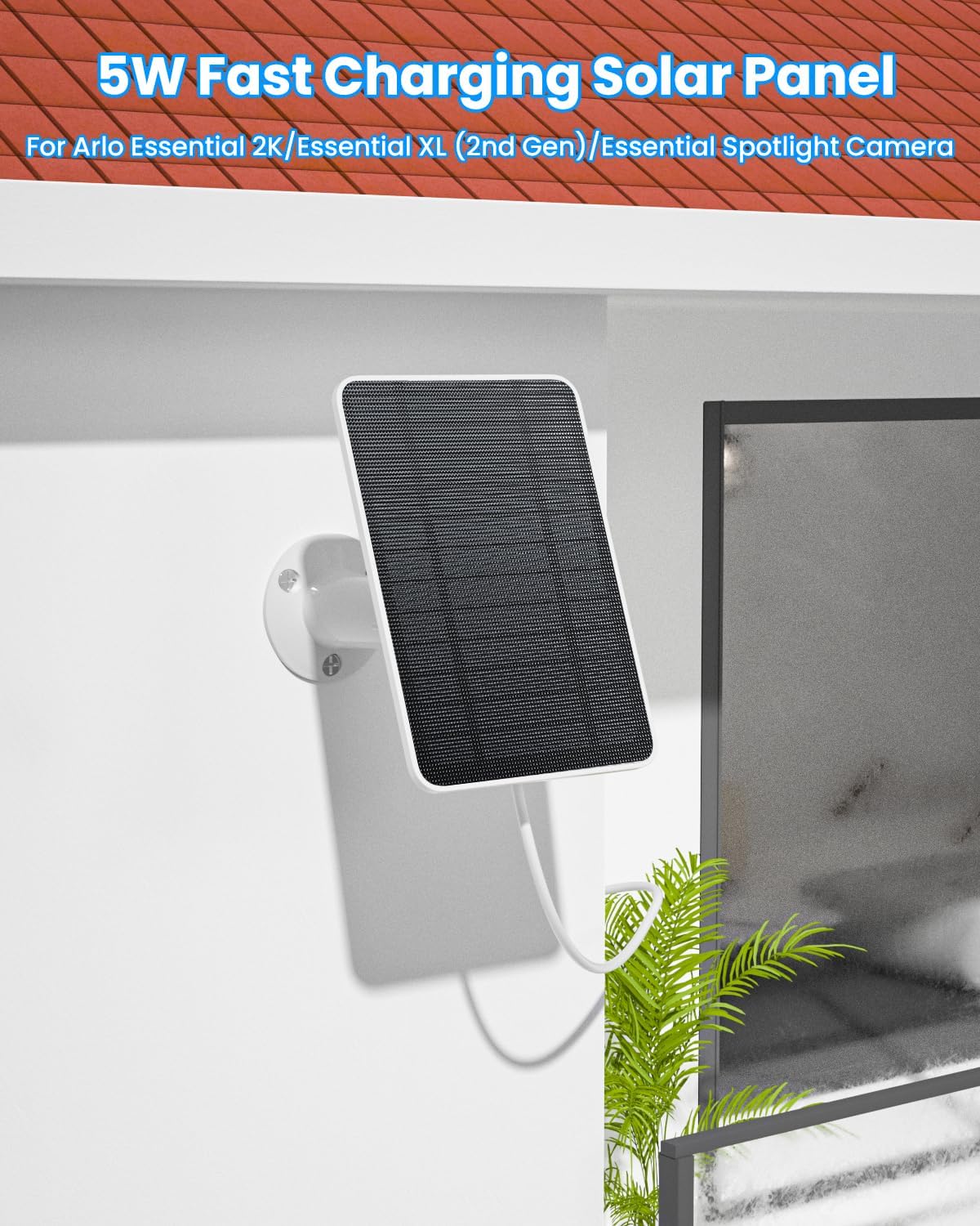 Solar Panel Charger Compatible with Arlo Essential 2K Outdoor(2nd Gen)/Essential XL Camera(2nd Gen)/Essential Spotlight, 5W Solar Panel with IP65 Waterproof 10ft Micro USB-C Cable & Wall Mount, 4 Pack