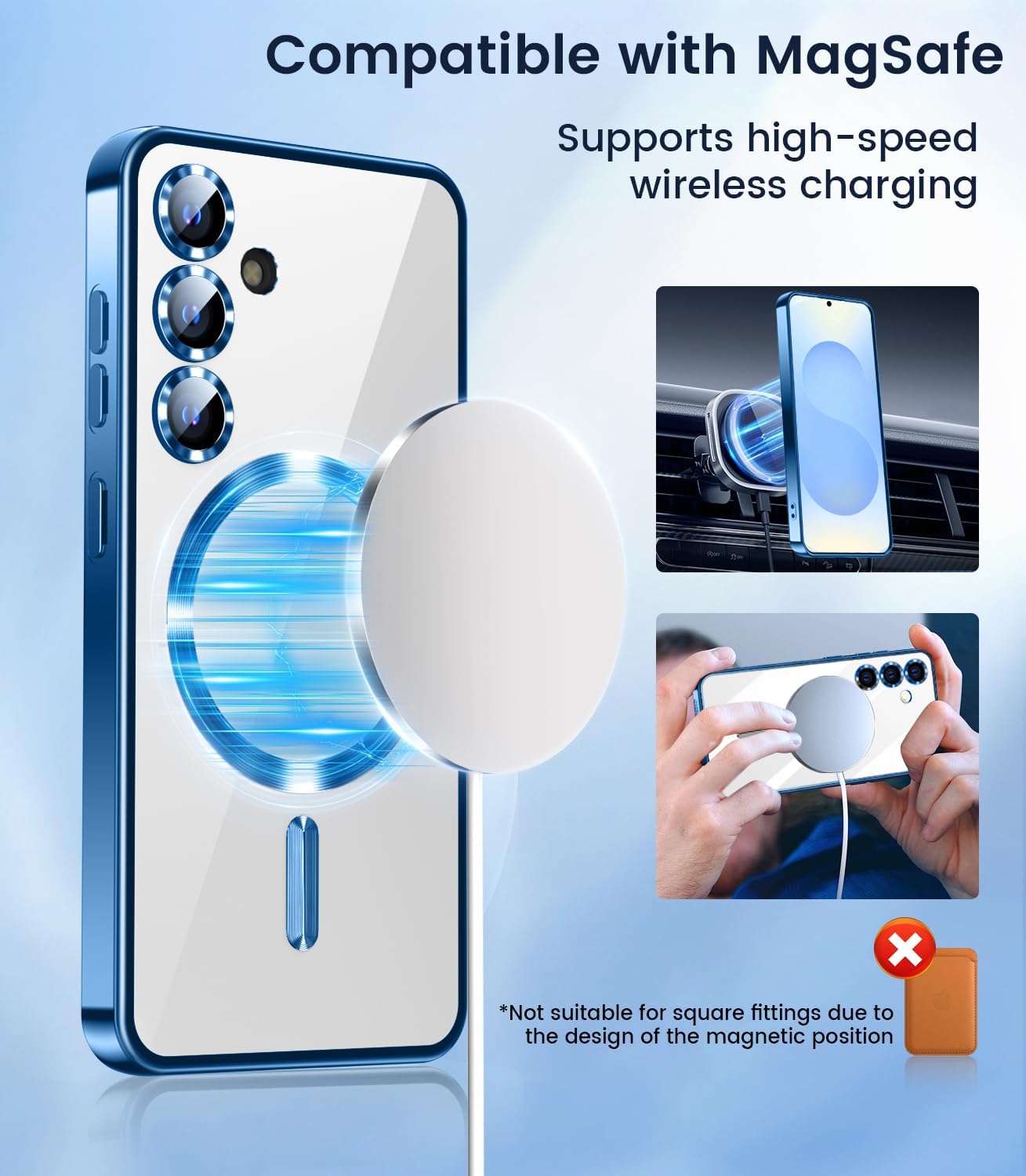 Slim Thin for Samsung Galaxy S25 Plus Case, Compatible with MagSafe, Built-in Camera Lens Protector, Shockproof Protective Phone Case, Soft Electroplated Clear Cover, Sapphire Blue